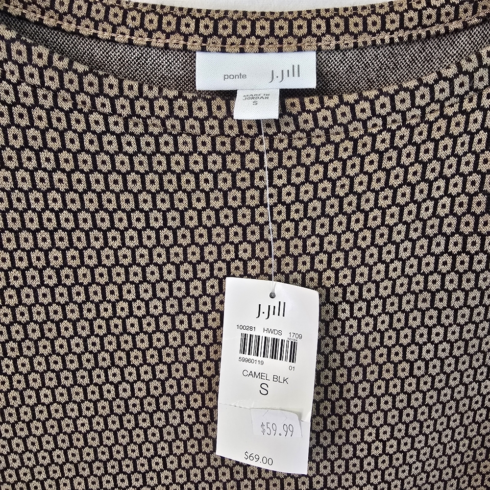J. JILL Sz Small Ponte 3/4 Sleeve Geometric Print Top Brown Tan Black Pockets - Picture 4 of 13